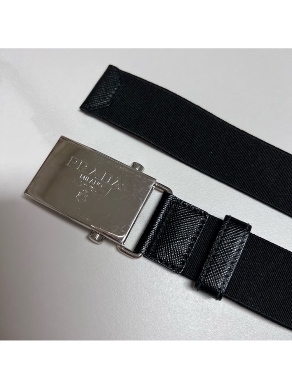 Prada Black Men's Webbing Belt with Silver-Tone Logo Buckle